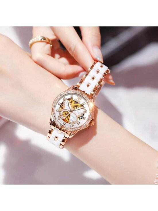 Olevs Womens Rose Gold Butterfly Skeleton Diamond Automatic Elegant Luxury Watch